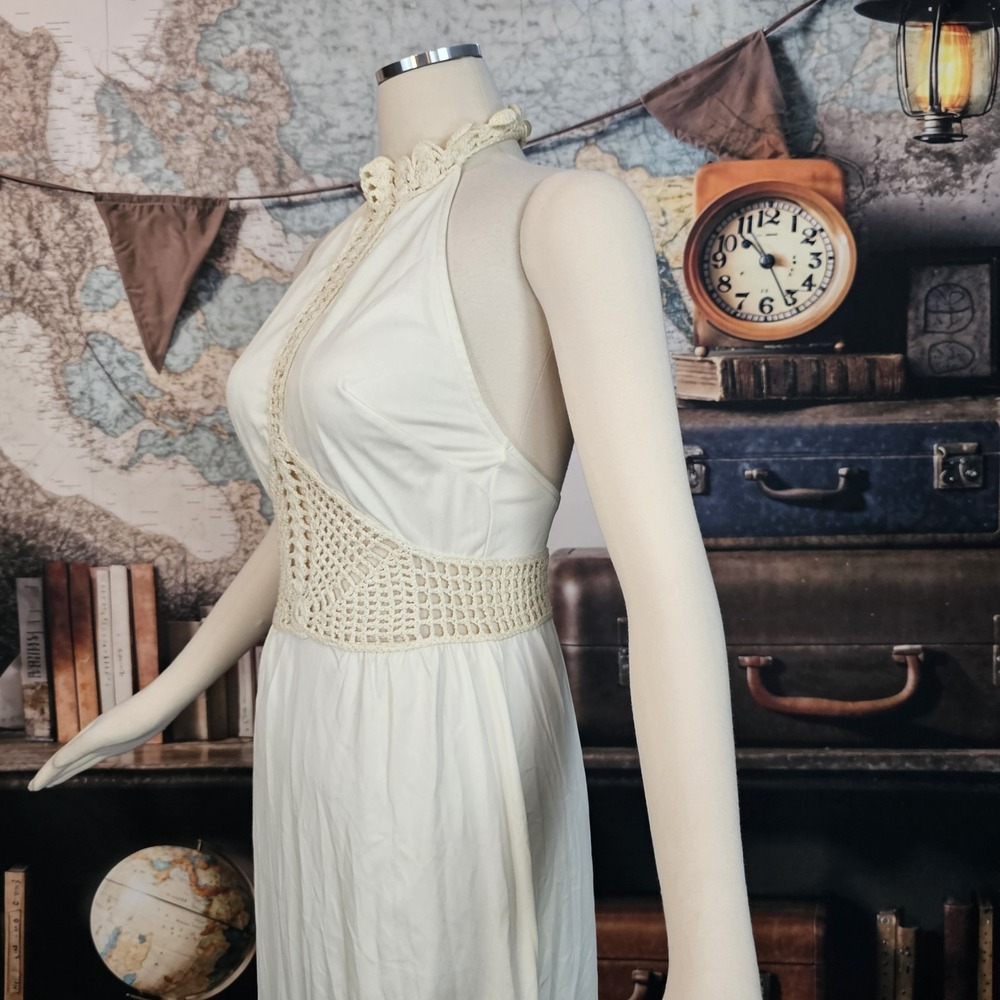 Vintage 1970s Dress Maxi Floor Length Cream Colored Crochet Neckline Inserts - Picture 3 of 15